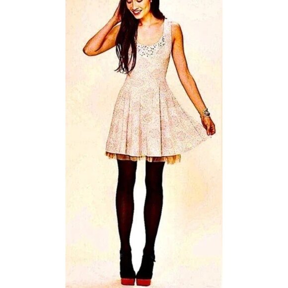 Free People Rock Princess Jacquard Fit and Flare Mini Dress Sz XS Womens Cream T - Picture 8 of 16